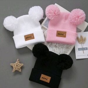 Mini Kids Pom-Pom Beanie Set - White, Pink, Black